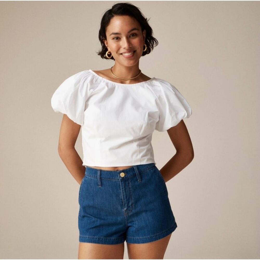 J.Crew Top WMNS 8 White Crop Fitted Puff Sleeve Smocked Cotton Romantic Summer
